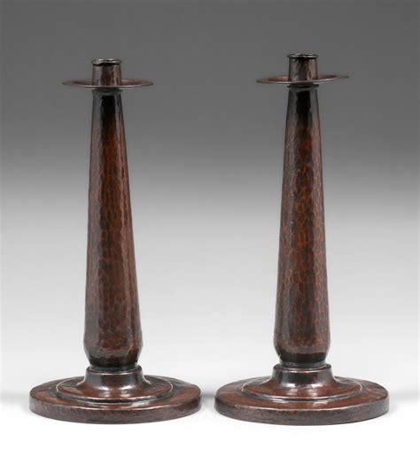 Stickley Brothers 112 Hammered Copper Candlesticks C1910 California