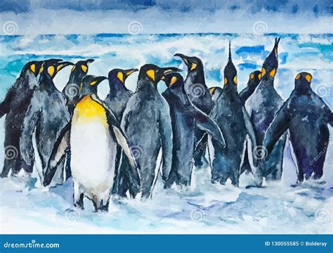 Emperor Penguins Painting Wet Watercolor On Paper Naive Art Drawing