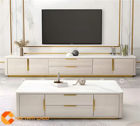 Kệ Tivi Gỗ Công Nghiệp MDF Màu Trắng Phối Viền Vàng Sang Trọng - KTV064