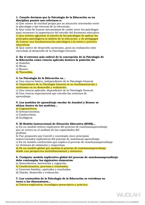 Modelo de preguntas examen psicología de la educación grado magisterio