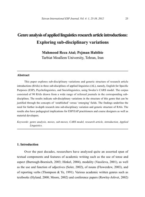 PDF Genre Analysis Of Research Article Introductions Across ESP