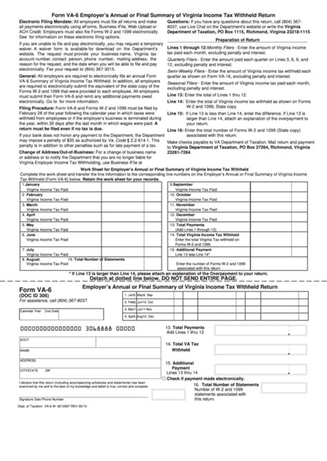 Fillable Form Va 6 Employer S Annual Or Final Summary Of Virginia