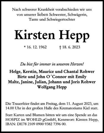 Traueranzeigen Von Kirsten Hepp Sh Z Trauer