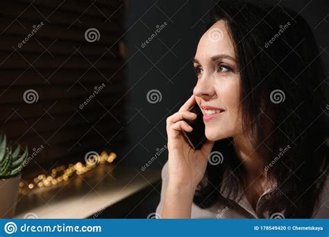 Beautiful Mature Woman Talking On Smartphone Space For Text Stock