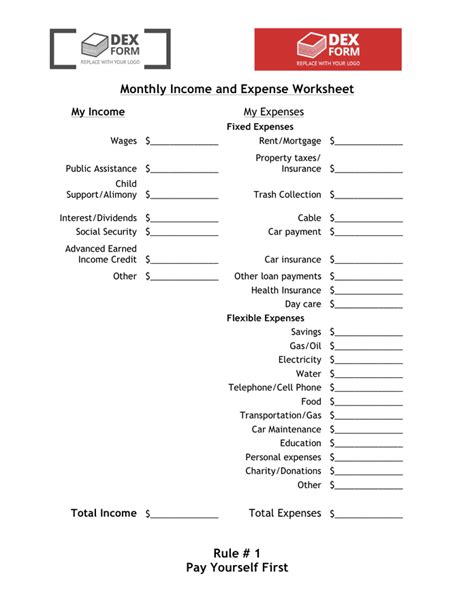 Monthly income and expense worksheet in Word and Pdf formats