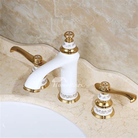 Two Tone Bathroom Faucets Polished Brass Ceramic 3 Hole White