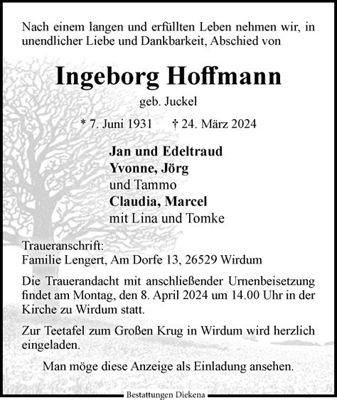 Traueranzeigen Von Ingeborg Hoffmann Nordwest Trauer De