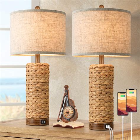 Set Of 2 Rattan Table Lamps For Living Room With 2 Usb Ports 27in Tall