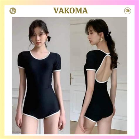 Đồ bơi bikini đi biển liền thân tay ngắn phối viền trắng khoét lưng