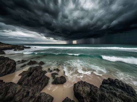 Premium AI Image | A beach with a dark sky and a storm coming in