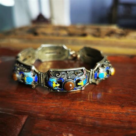 Fine Chinese Filigree Gilt Silver Enamel Tigers Eye Gem