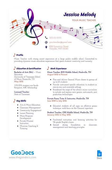 Free Music Teacher Resume in Google Docs and Microsoft Word