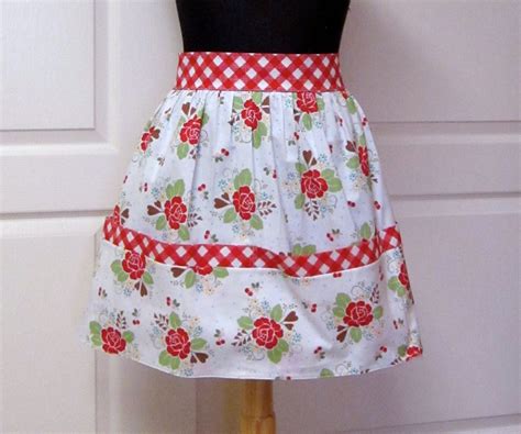 Vintage Retro Half Apron Red Flowers Womens Cute Kitchen Apron