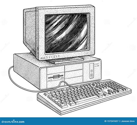 Vintage Computer Illustration Drawing Engraving Ink Line Art