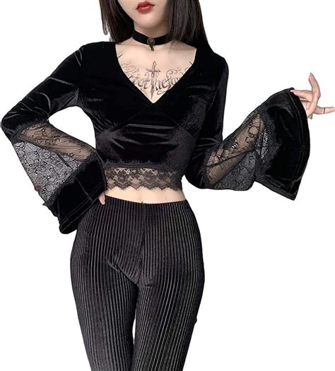 Goth Sexy Women Crop Top Flare Long Sleeve Lace Hollow Out Black T