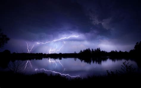 550241 Landscape Night Trees Clouds Rain Storm Lightning Rare