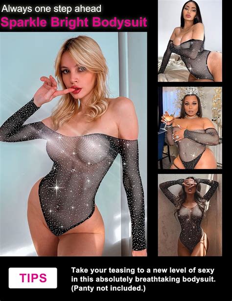 Buy Rslove Women Lingerie Fishnet Bodysuit Sparkle Rhinestone Sexy Mesh