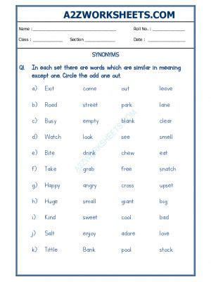 A Zworksheets Worksheet Of Class Ll Synonyms Grammar English