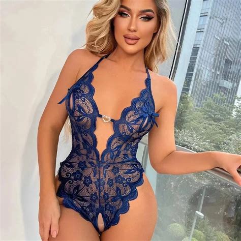 Women Sexy Open Crotch Lingerie Bodysuit Lace Sleeveless Perspective Bra Sexy Deep V Neck