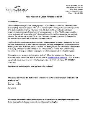 Fillable Online Coloradomesa Peer Academic Coach Reference Form