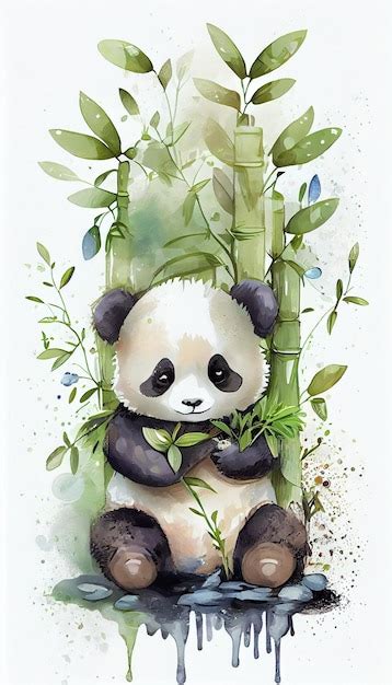 Uma Pintura Em Aquarela De Um Panda Sentado Em Uma Floresta De Bambu