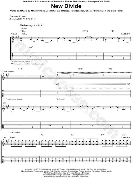 Linkin Park New Divide Guitar Tab In F Minor Download And Print