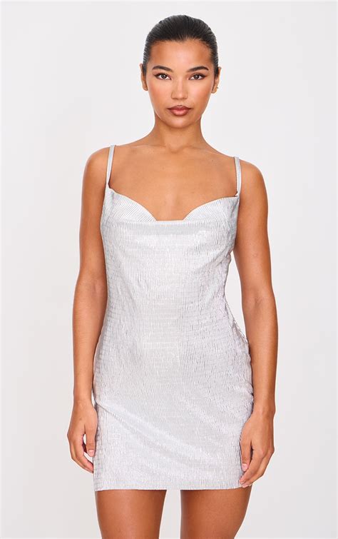 Silver Metallic Plisse Strappy Bodycon Dress Dresses