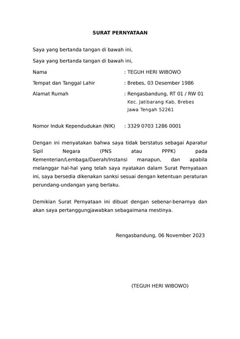 D Contoh Surat Pernyataan Bukan ASN SURAT PERNYATAAN Saya Yang