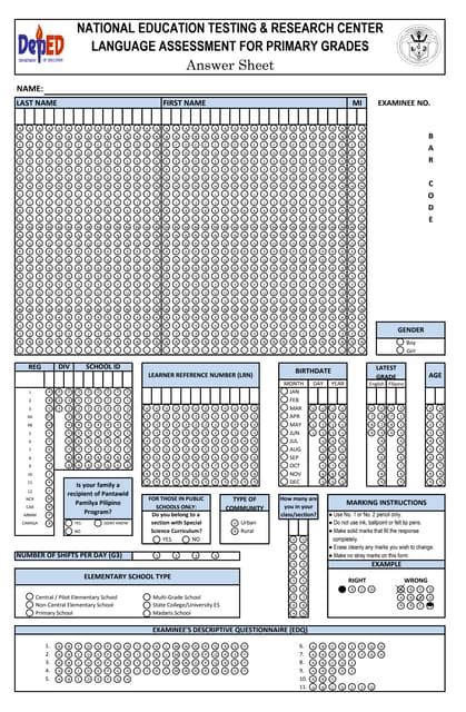 Grade 3 Lapg Answer Sheet Frontpdf