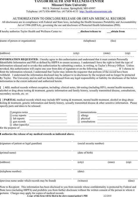 Printable Blank Medical Records Release Form