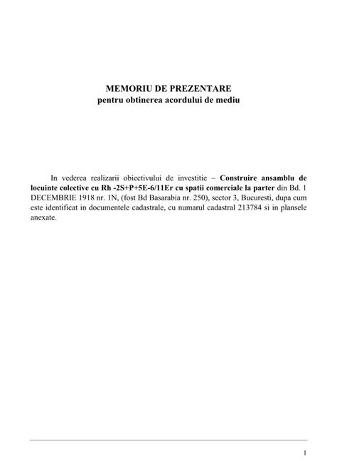 Pdf Memoriu De Prezentare Pentru Obtinerea Acordului De Mediu