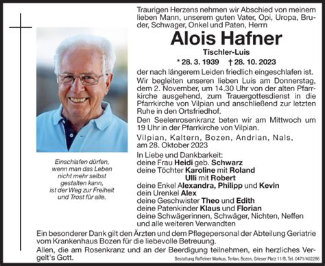 Traueranzeigen Von Alois Hafner Trauer Bz