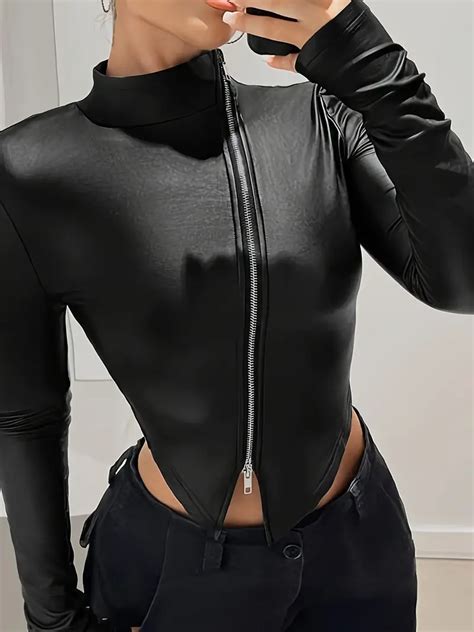 Faux Leather Zip Jacket Sexy Mock Neck Long Sleeve Slim Temu South Africa