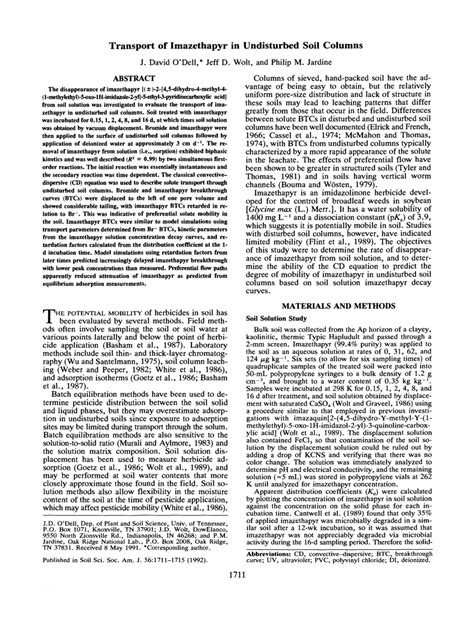 Pdf Transport Of Imazethapyr In Undisturbed Soil Columns