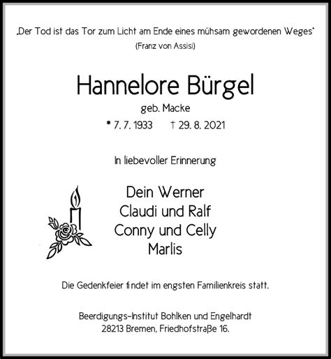 Traueranzeigen Von Hannelore B Rgel Trauer Anzeigen De