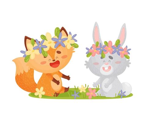 Cartoon Füchse und Hasen mit Blumenkränzen auf dem Kopf auf einem