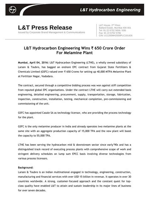 PDF L T Hydrocarbon Engineering Wins 650 Crore Order For PDF