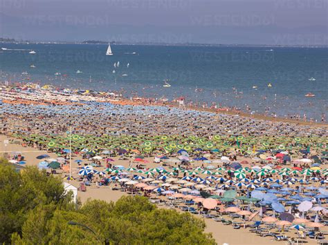 Italy Udine View Of Beach With Sunshades Stock Photo