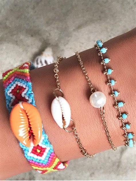 [5 Off] 2019 Bohemian Hand Woven Faux Pearl Shell Bracelet Set In Gold