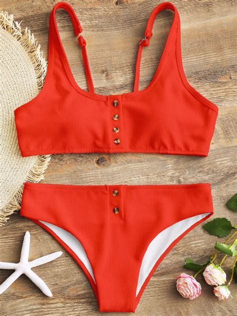 ZAFUL Sexy Swimsuit Ribbed Texture Buttons Bikini Set Scoop Neck