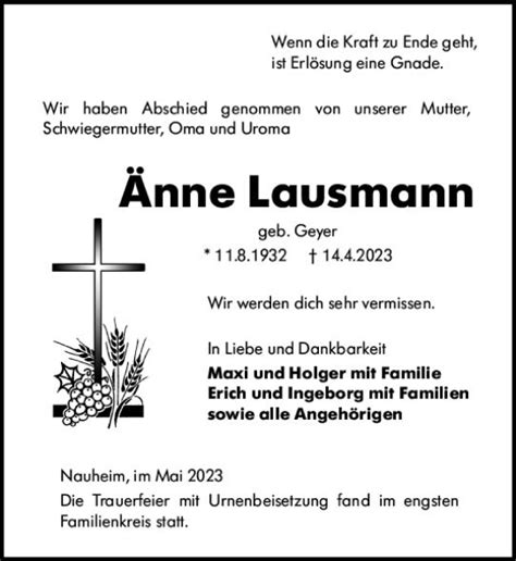 Traueranzeigen von Änne Lausmann vrm trauer de