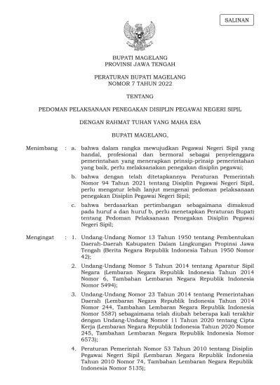 BUPATI MAGELANG PROVINSI JAWA TENGAH PERATURAN BUPATI MAGELANG NOMOR 7