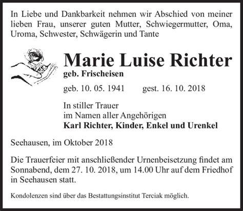 Traueranzeigen Von Marie Luise Richter Geb Frischeisen