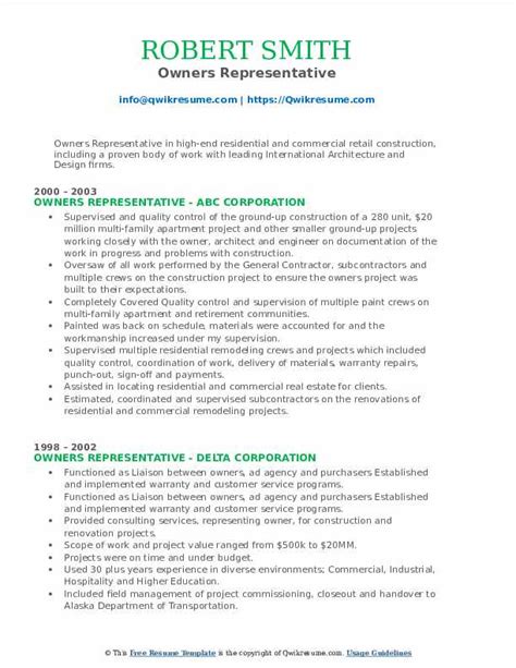 Owners Representative Resume Samples Qwikresume