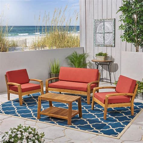 Noble House 4 Piece Wood Outdoor Patio Conversation Set With Red