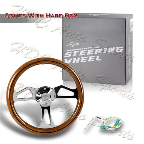 W Power 350MM Classic Brown Wood Grain 6 Hole Chrome Spoke 14 Steering