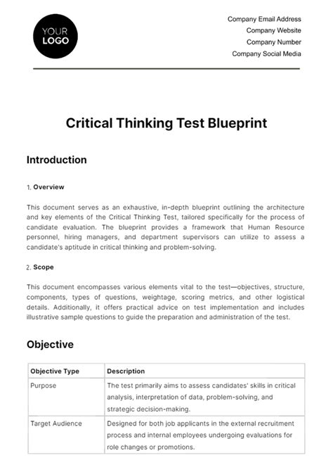 Free Critical Thinking Test Blueprint Hr Template Edit Online