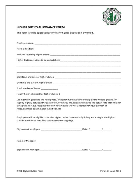 Fillable Online Higher Duties Allowance Form Fax Email Print Pdffiller