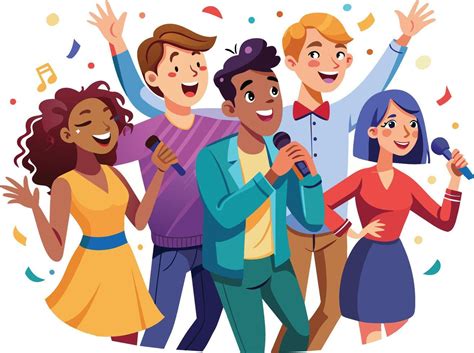 Group Of Happy Young People Singing Karaoke Together Cartoon Vector