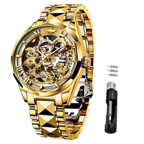 Oupinke Gold Watches For Mens Automatic Mechanical Skeleton Watch Self